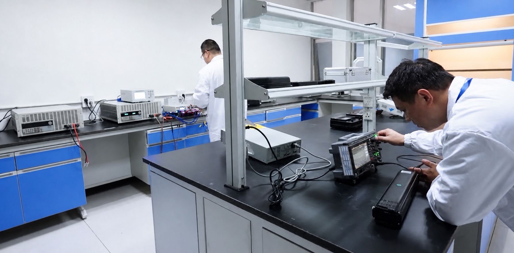 Technicians reviewing battery test data in the engineering laboratory