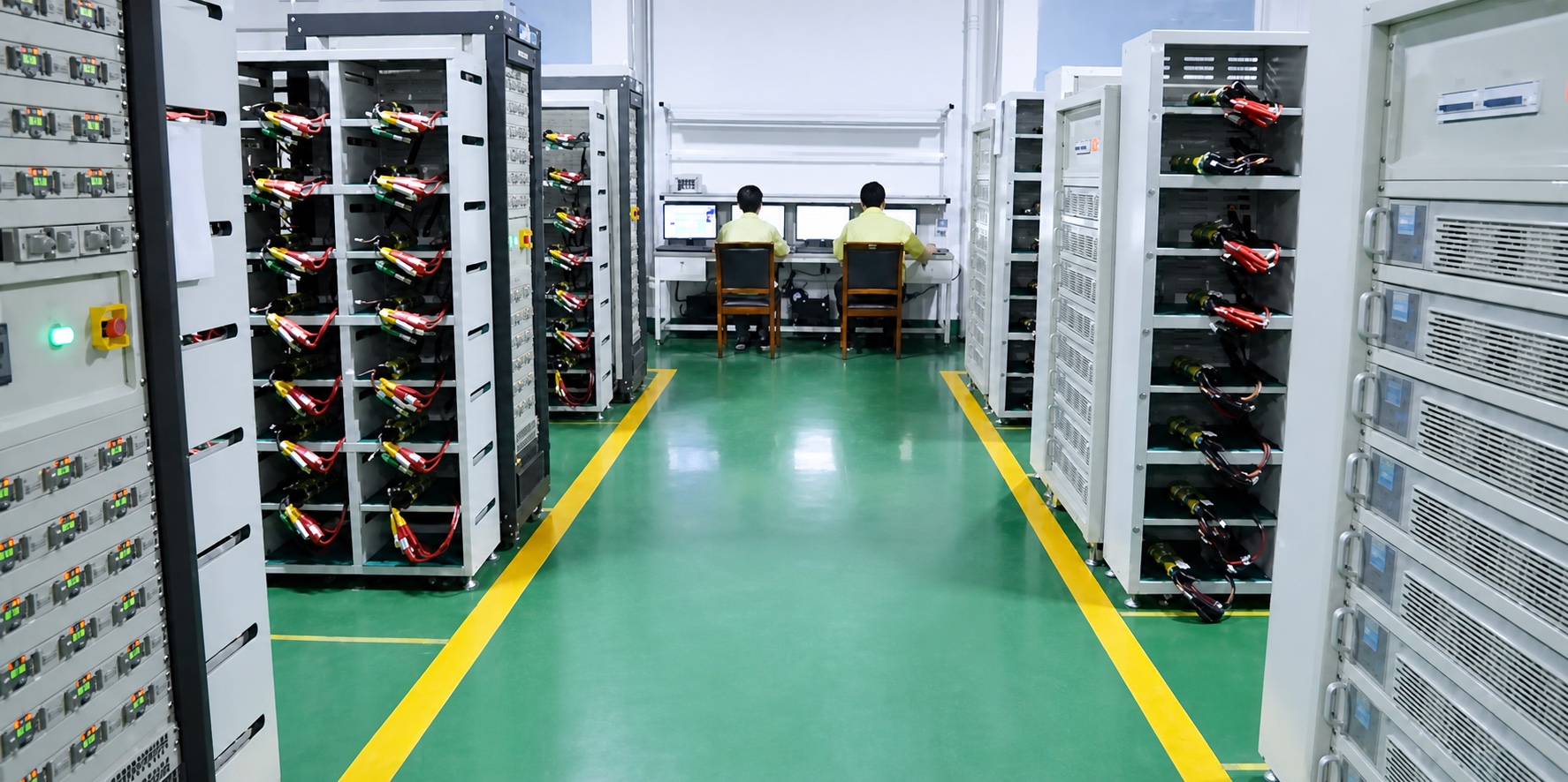 Battery packs under test in a quality verification area
