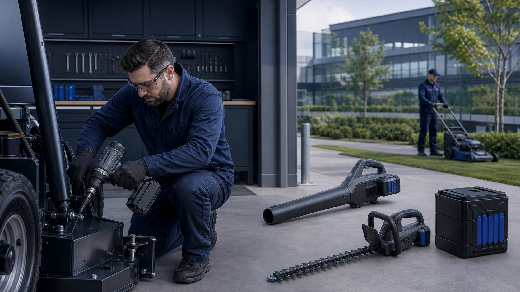 Cordless tools and outdoor power equipment in a professional work setting