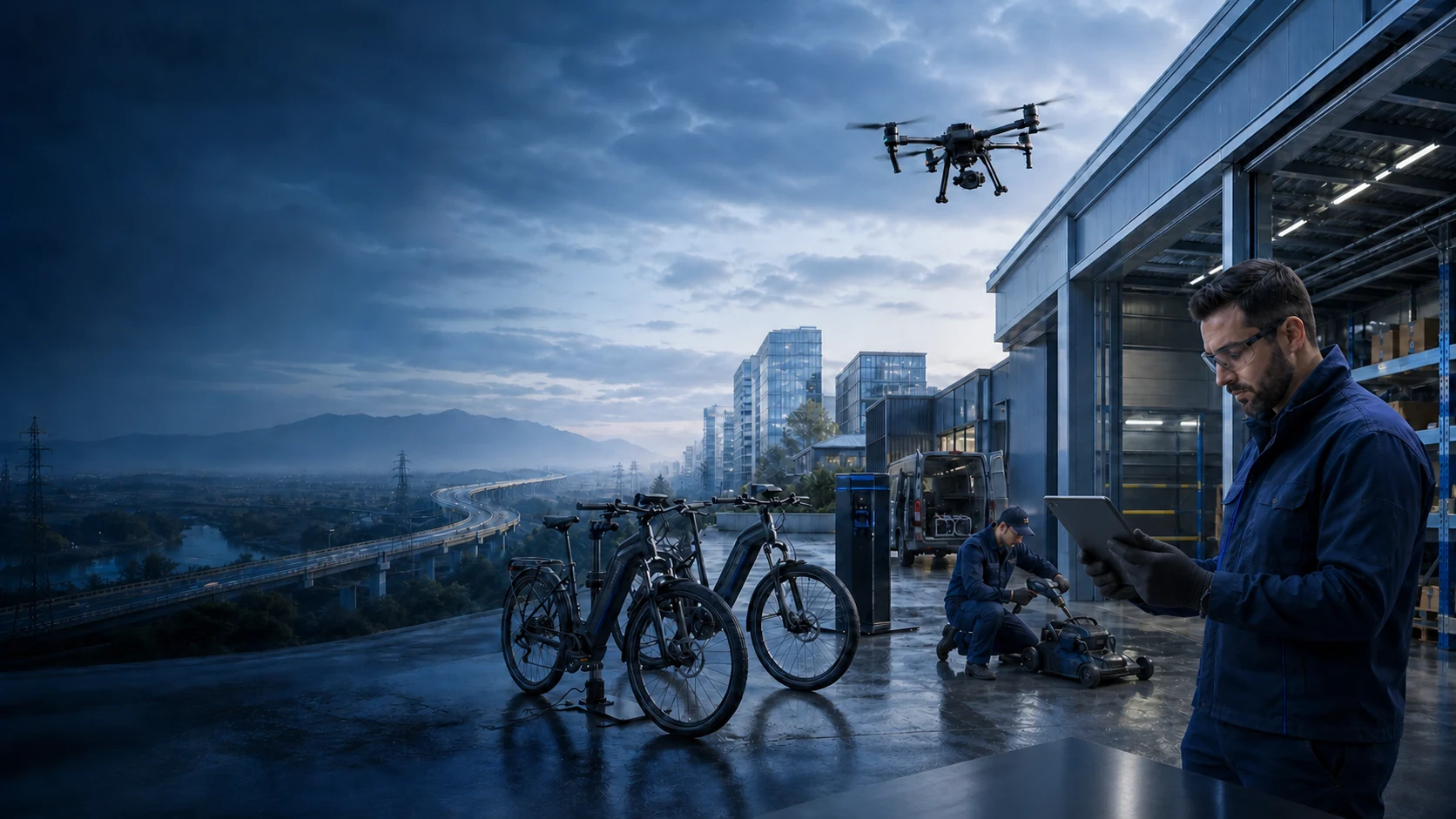 Battery-powered drone, e-bike, cordless tool and digital-device applications shown in one coordinated scene
