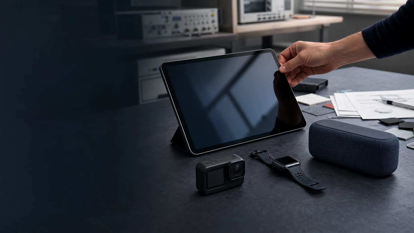 Tablets, wearable electronics, compact imaging and portable audio devices in a realistic product workspace