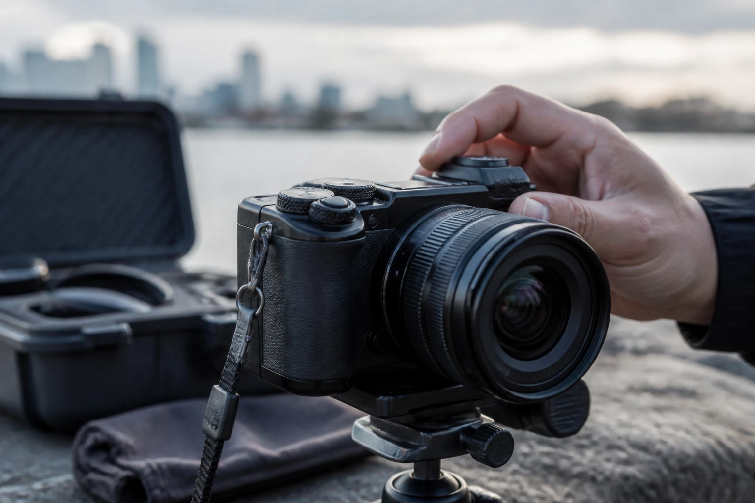 Unbranded compact camera being checked in a realistic outdoor workflow
