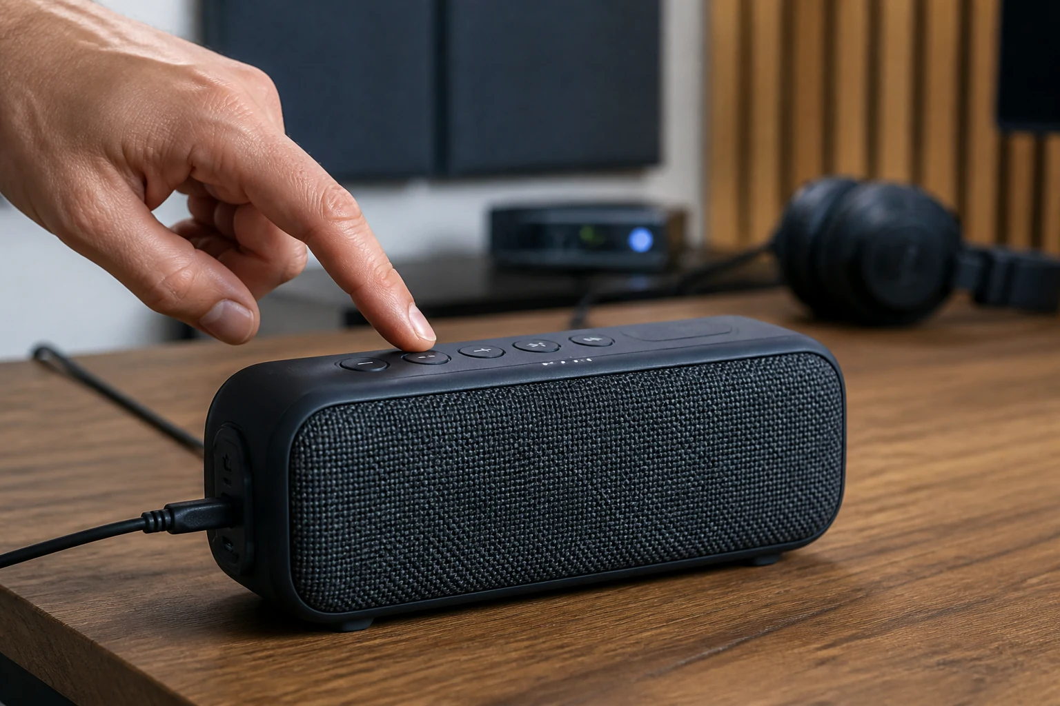 Unbranded portable speaker being checked in an audio product workspace