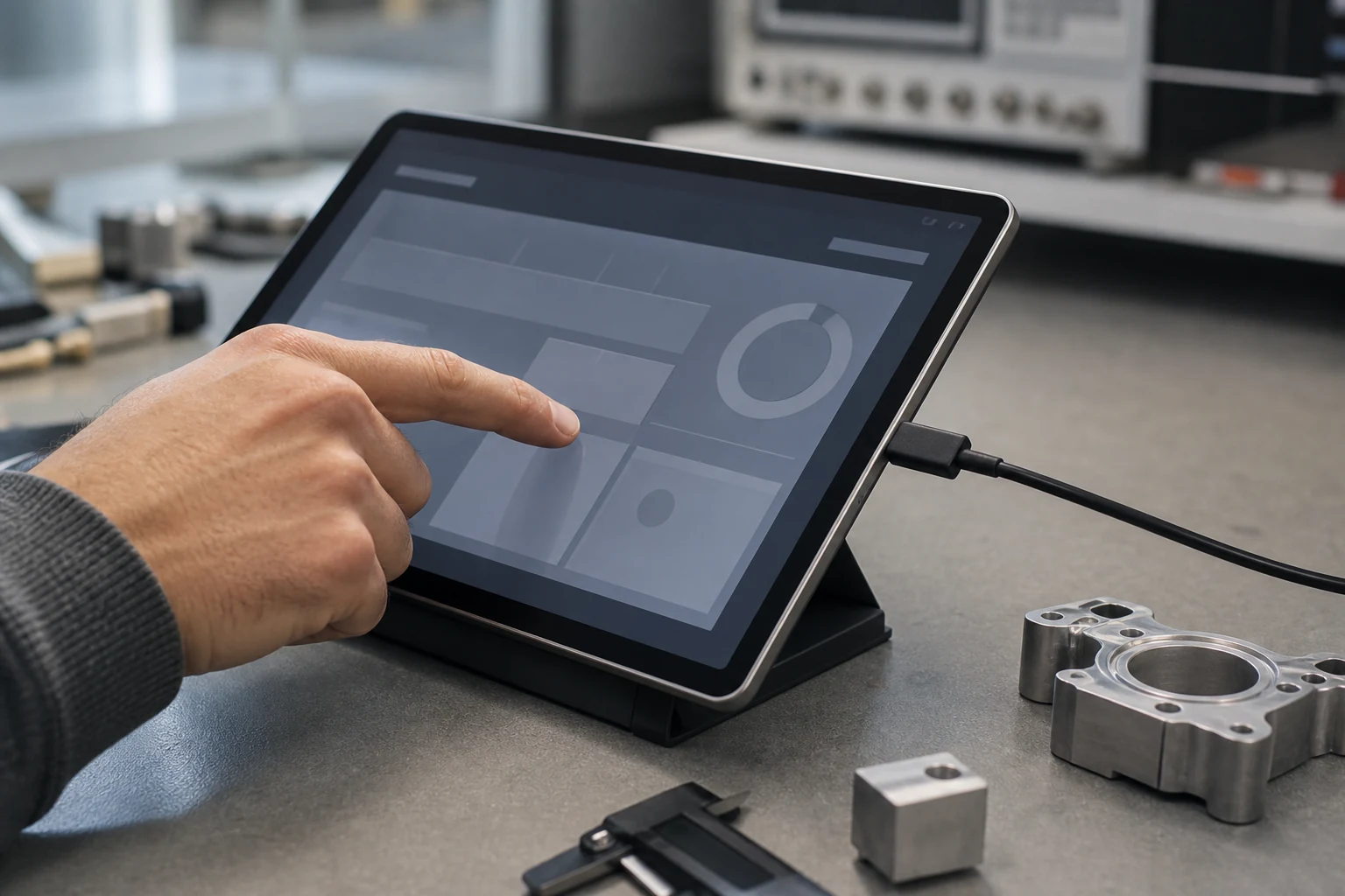 Unbranded tablet being evaluated on a product development bench