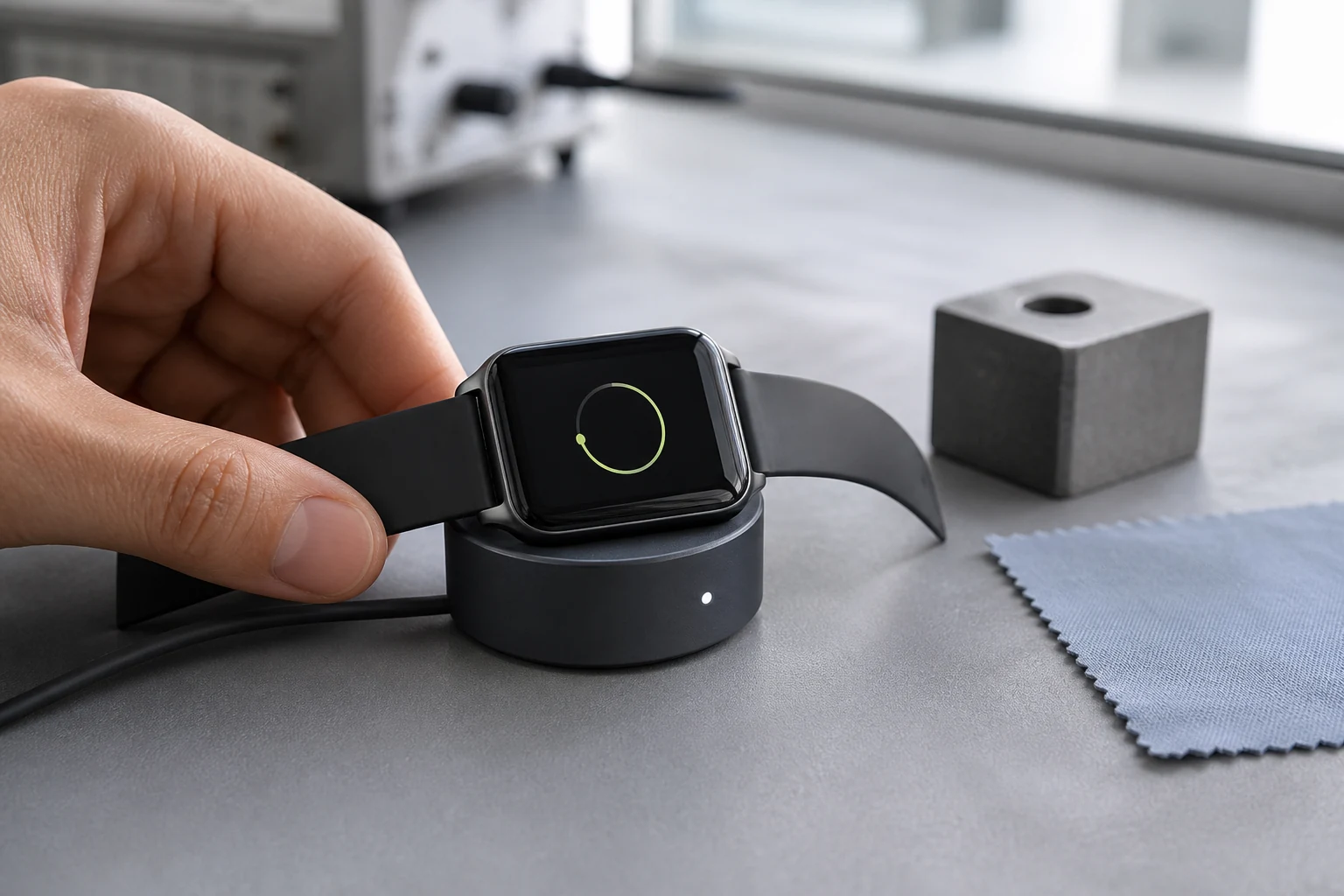 Unbranded smartwatch being placed on a compact charging fixture