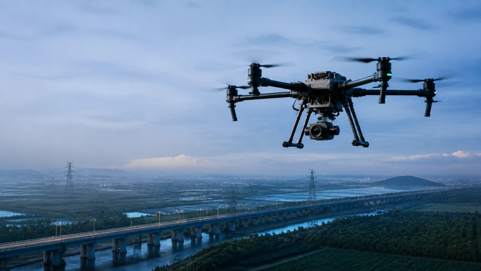Civil industrial drone operating above a defined commercial mission environment