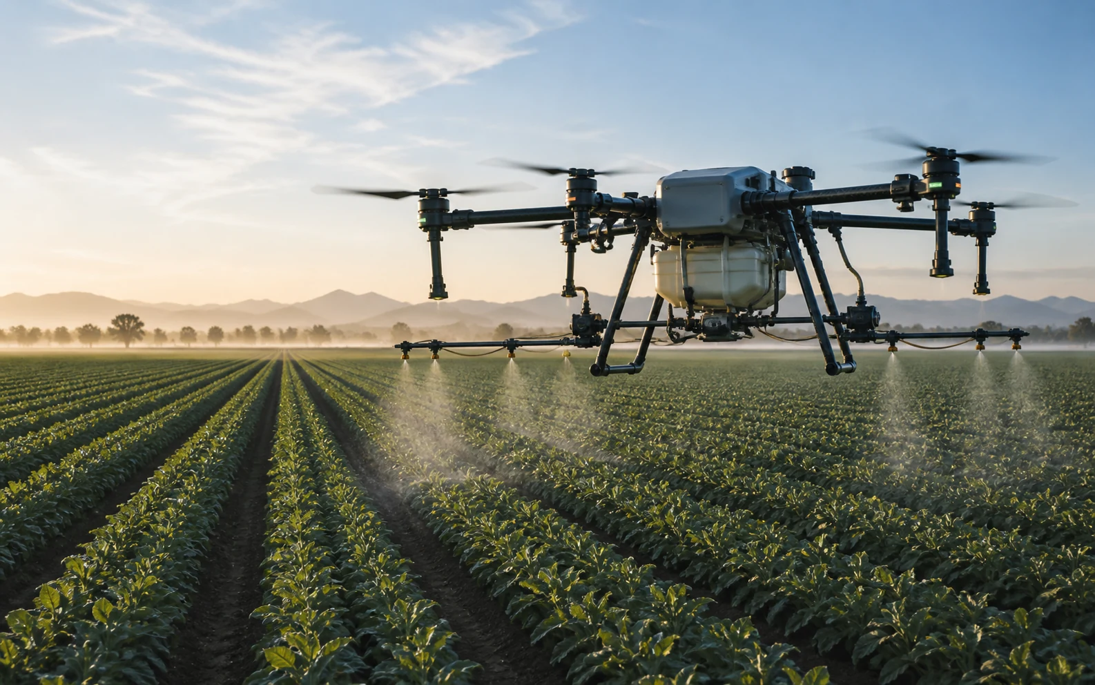 Large agricultural drone spraying an orderly commercial crop field