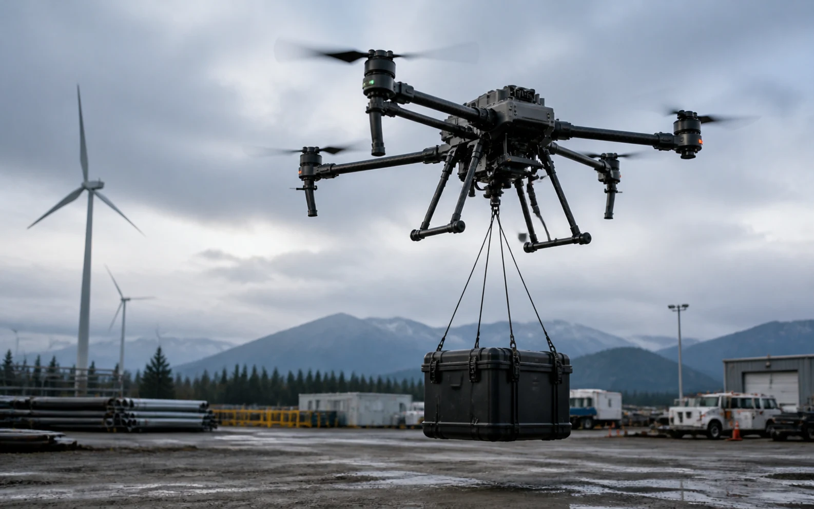 Civil heavy-lift drone carrying secured equipment at an industrial worksite