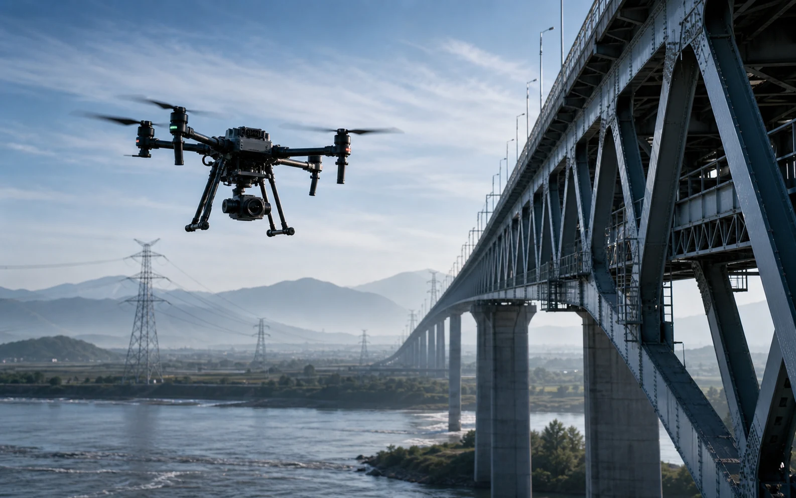Industrial drone inspecting a bridge in a river valley