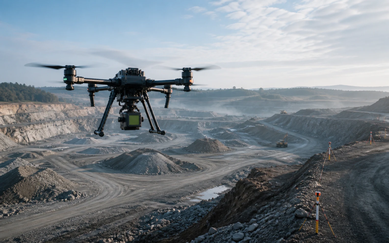 Industrial survey drone mapping an open quarry