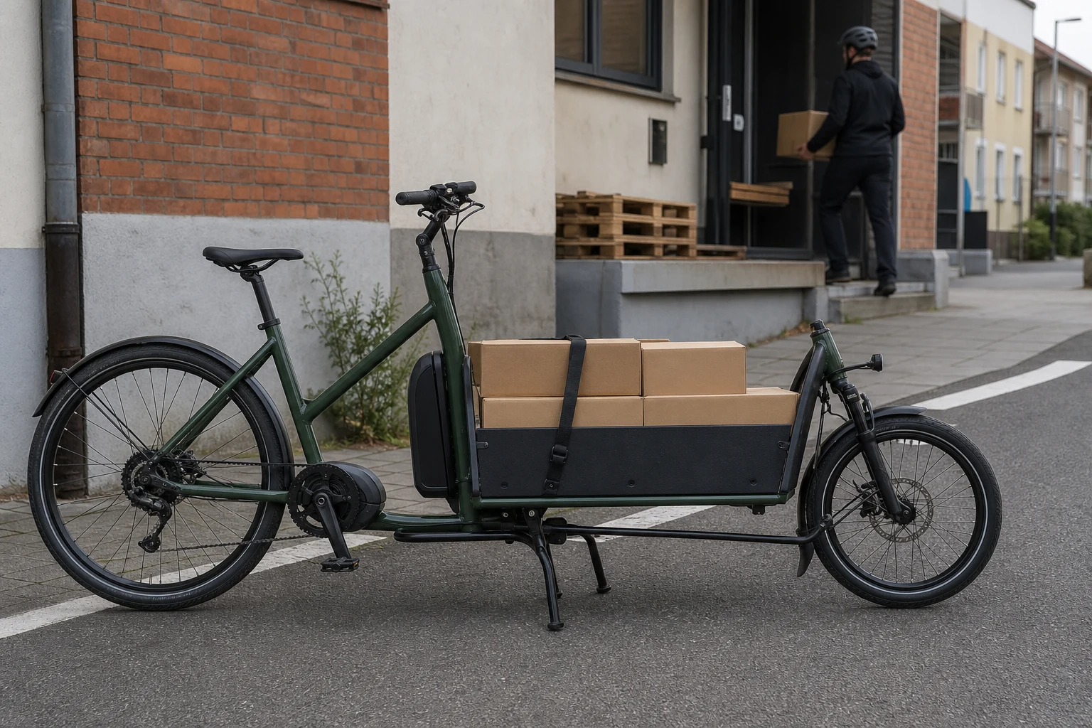 Electric cargo bicycle carrying secured work crates on an urban street