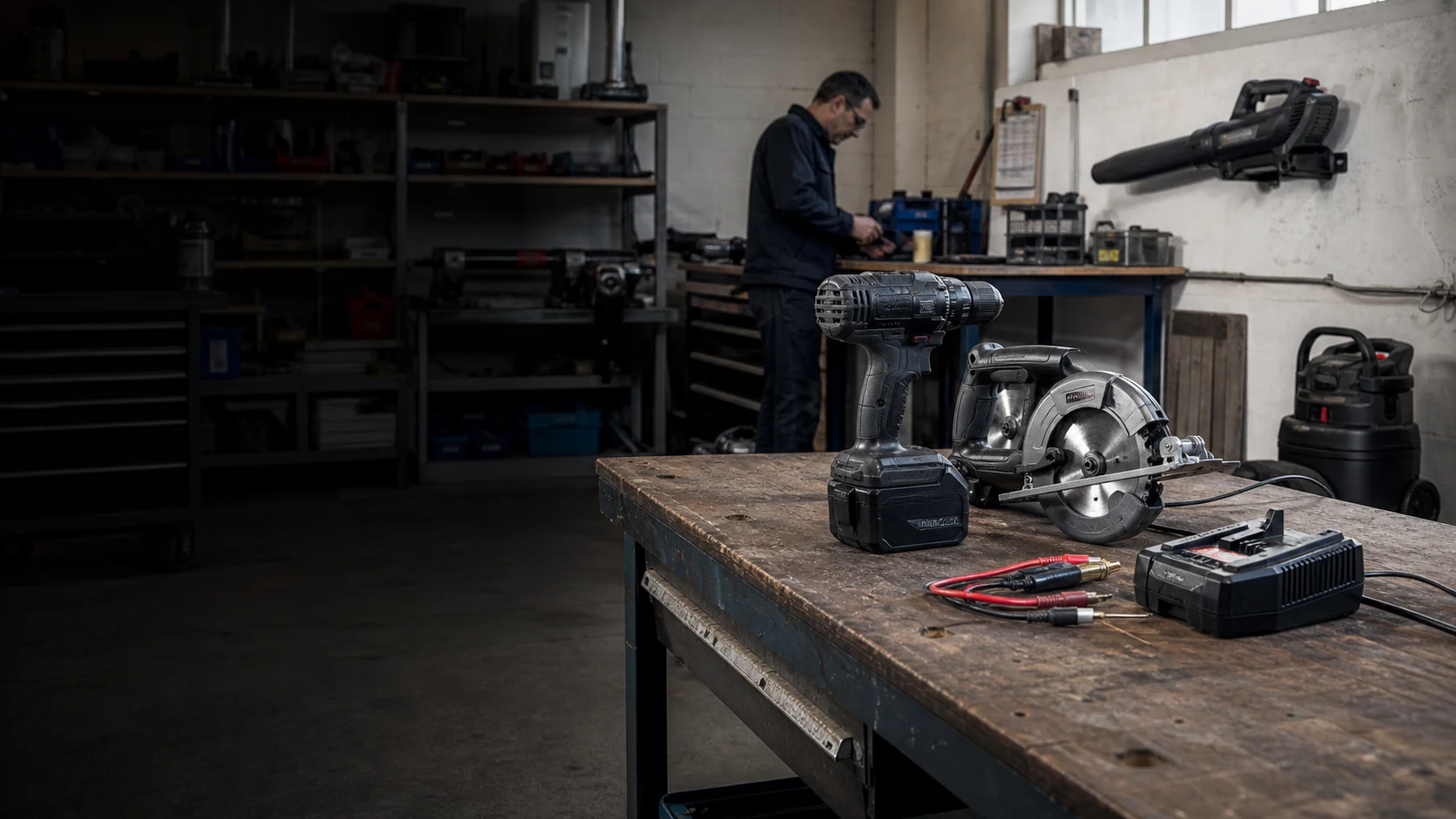 Professional cordless equipment and battery-powered machines shown in a realistic work environment