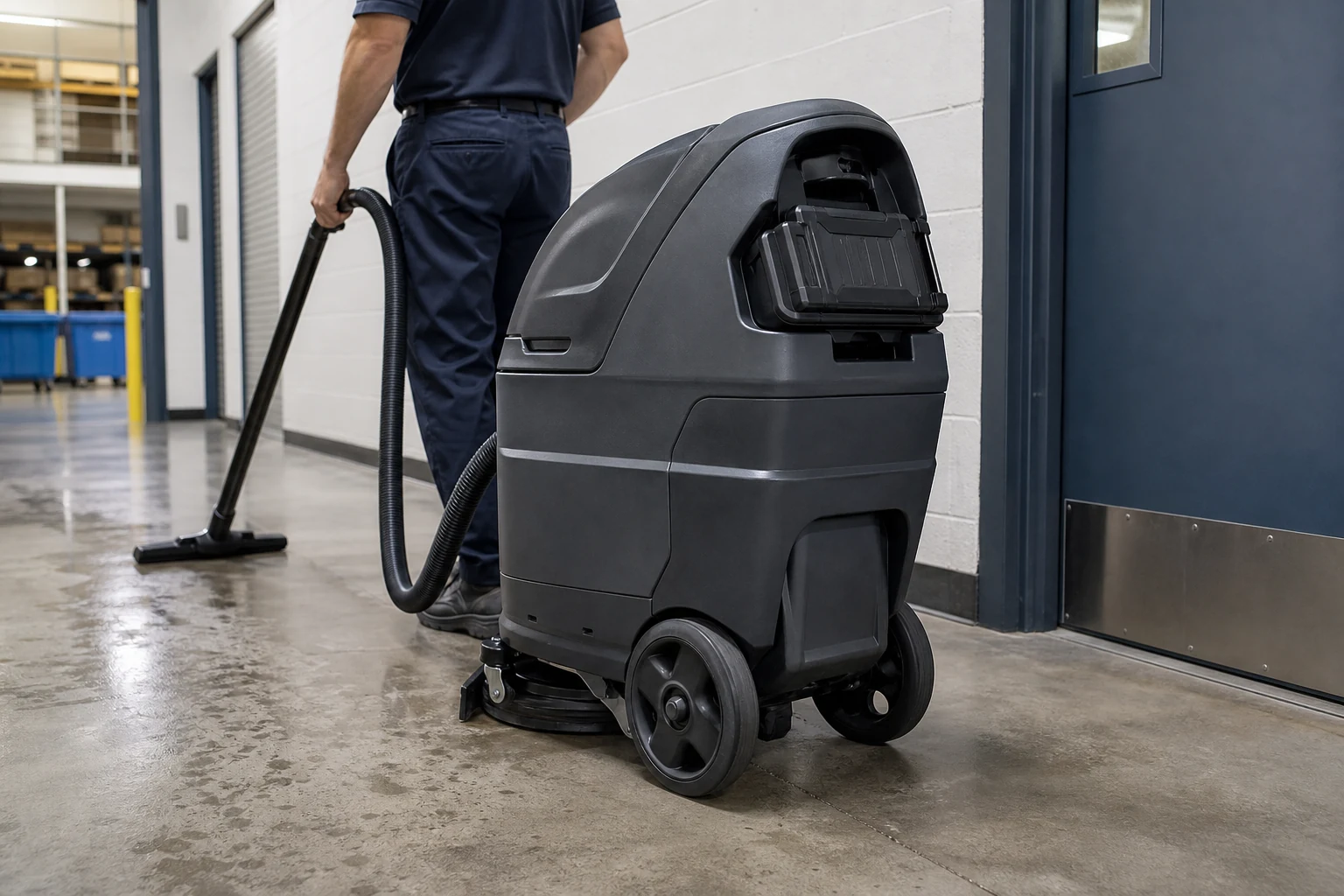 Professional cordless cleaning machine operating in a commercial facility