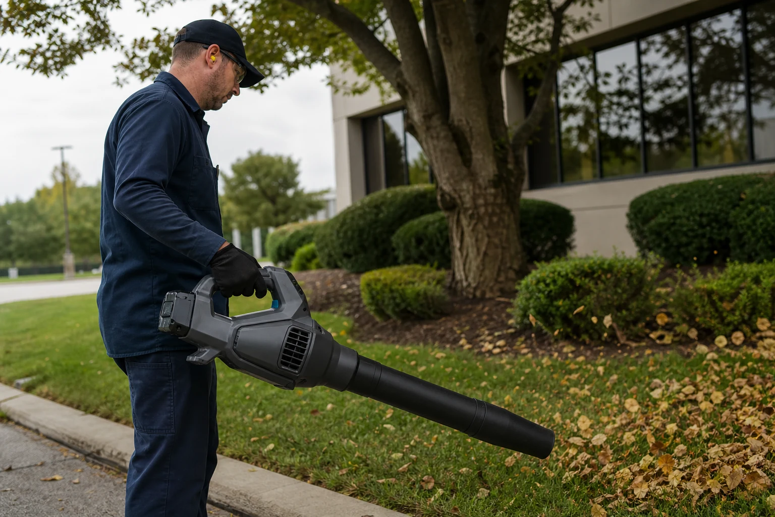 Professional groundskeeper using an unbranded cordless leaf blower