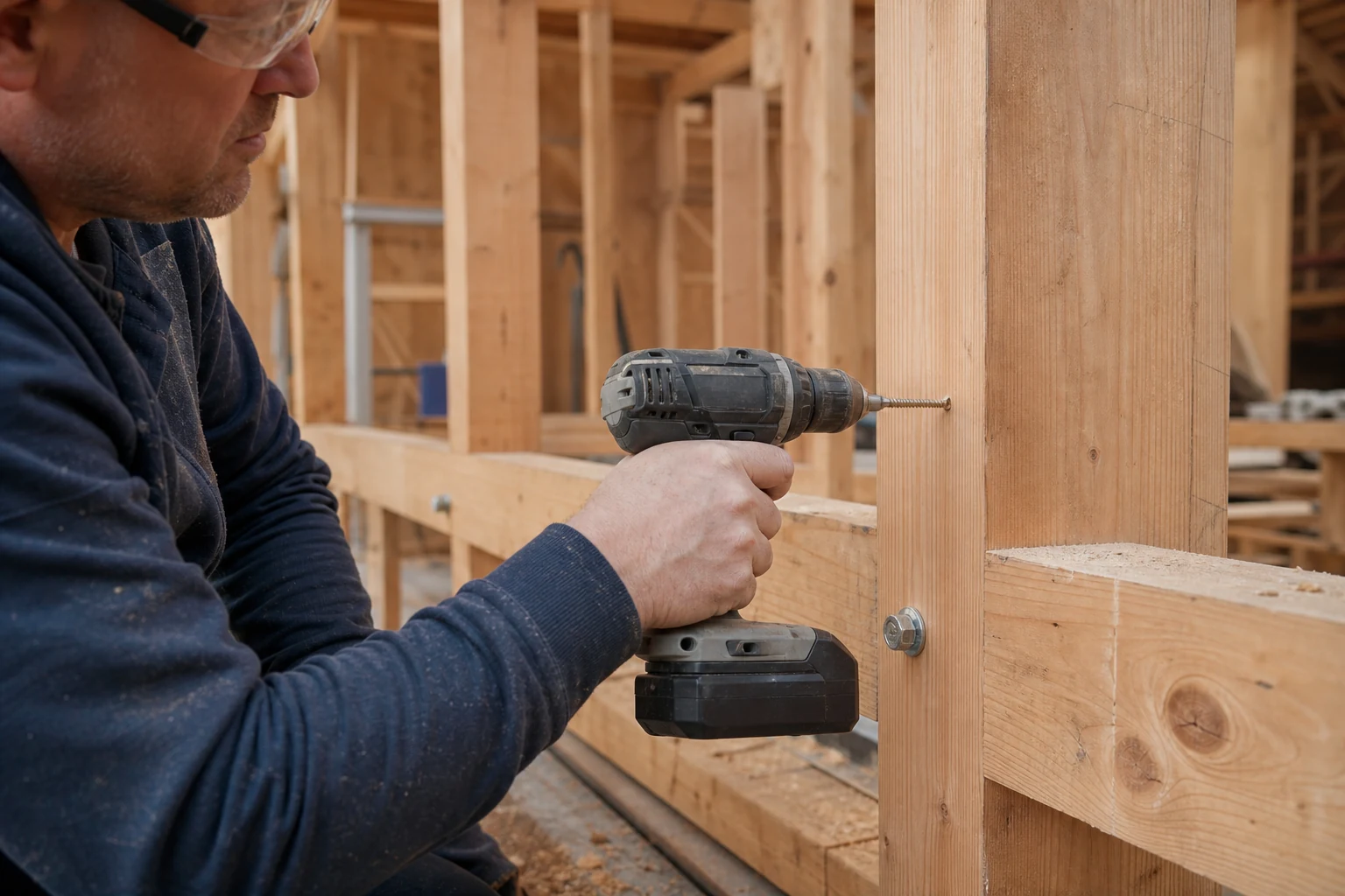 Tradesperson using an unbranded cordless drill on a timber structure