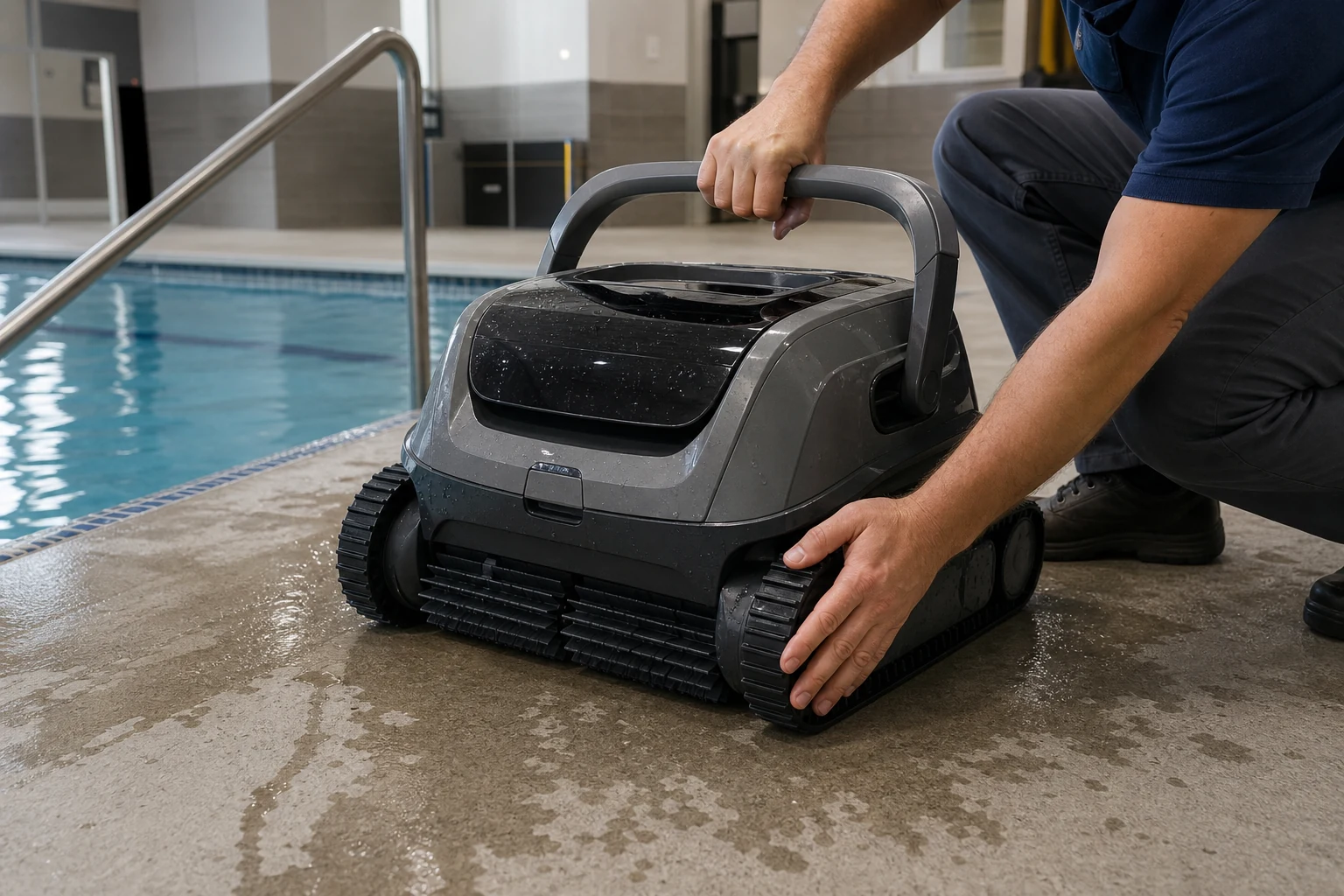 Technician checking an unbranded cordless robotic pool cleaner
