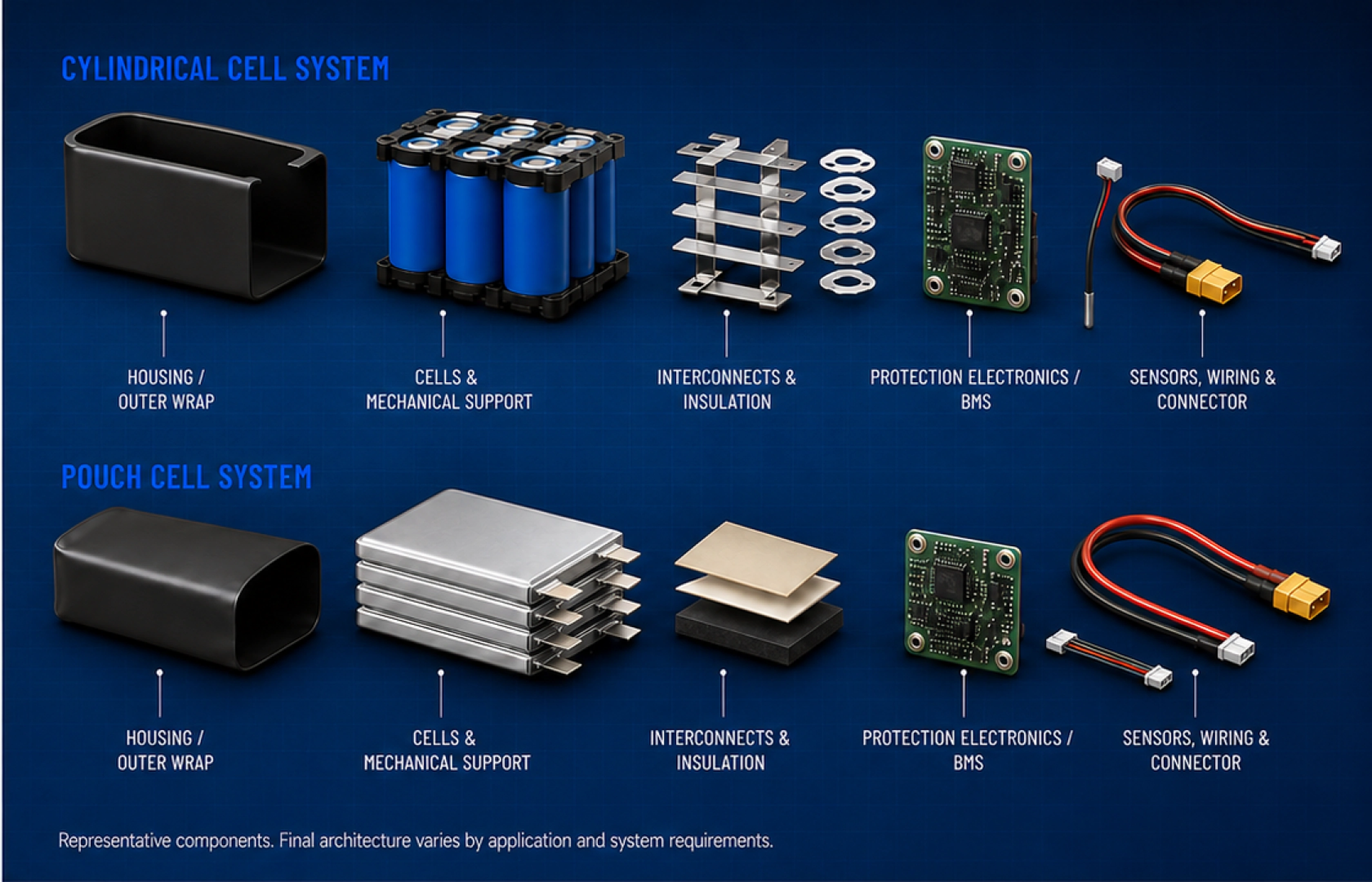 Exploded views of cylindrical cell and pouch cell battery systems