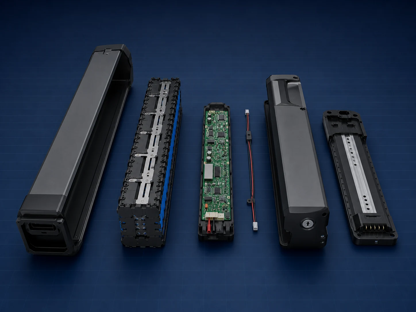 Representative e-bike battery housing, protected cylindrical cell module, BMS, sensing harness, locking interface and slide rail