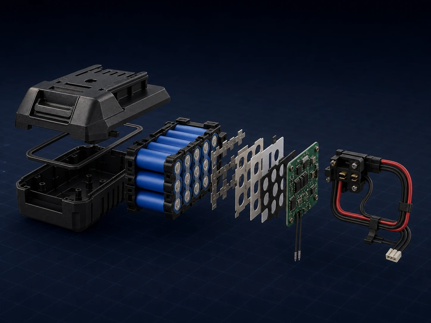 Representative power tool battery housing, cylindrical cell module, interconnects, insulation, protection board, sensing and terminal interface