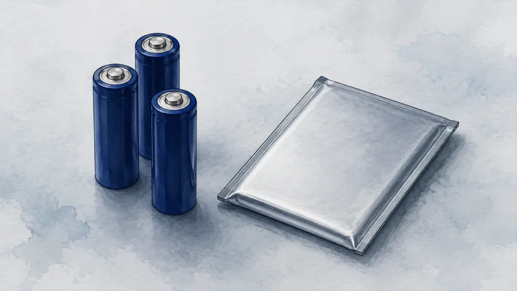 Concept illustration showing cylindrical cells beside a flat pouch cell, without a scale or performance ranking.