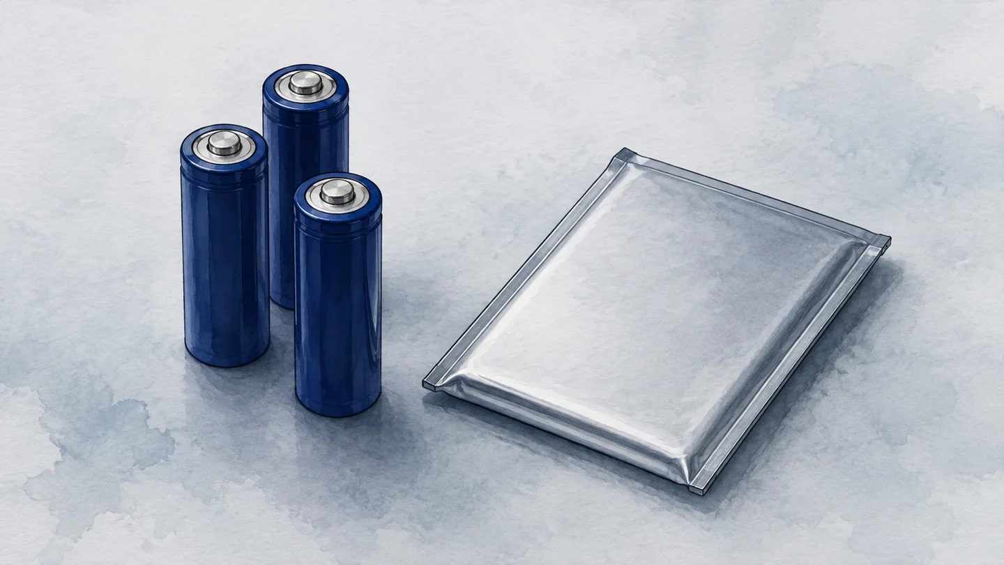 Concept illustration showing cylindrical cells beside a flat pouch cell, without a scale or performance ranking.