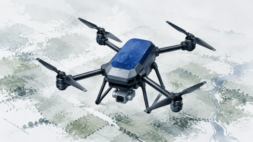 Concept illustration of a civilian survey multirotor over a field-map landscape.