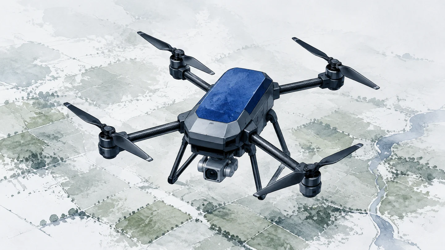 Concept illustration of a civilian survey multirotor over a field-map landscape.