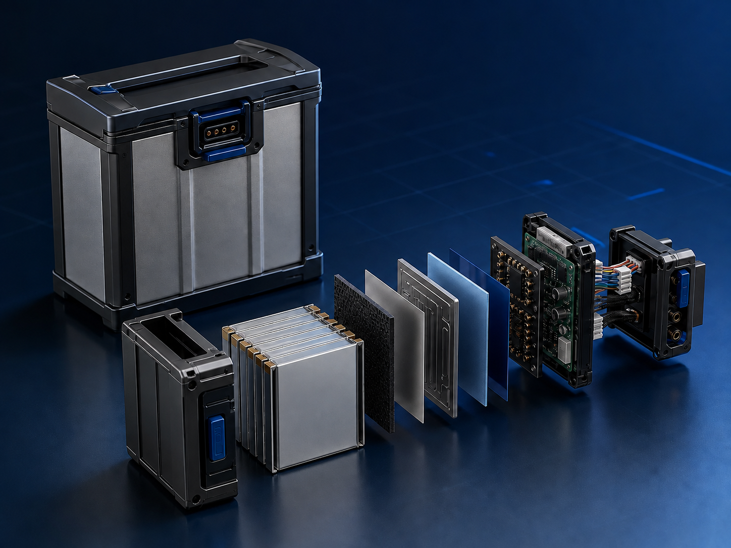 Representative smart UAV battery enclosure, pouch cells, insulation, electronics and power-data interface