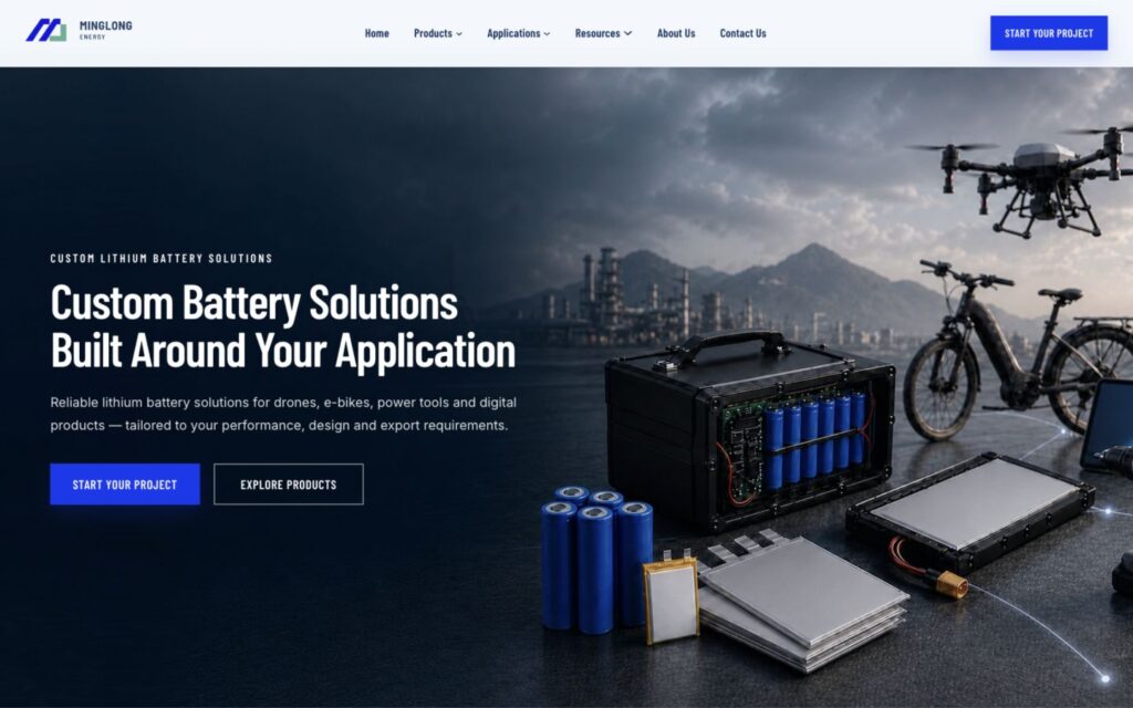 Minglong Energy homepage showing custom battery packs, a drone and an e-bike