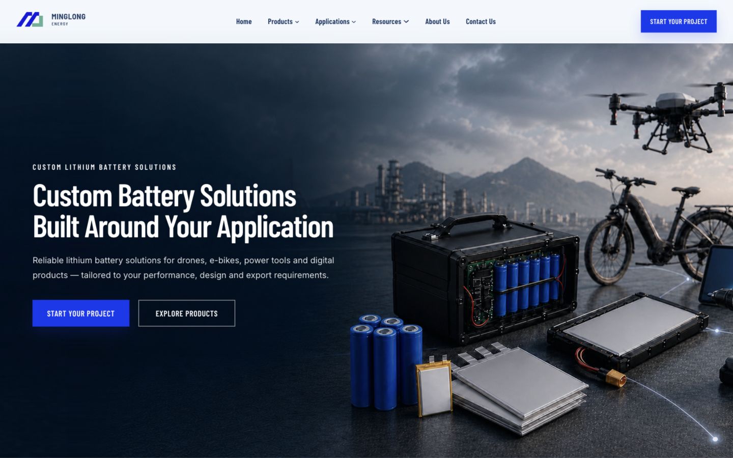 Minglong Energy website homepage for custom battery projects