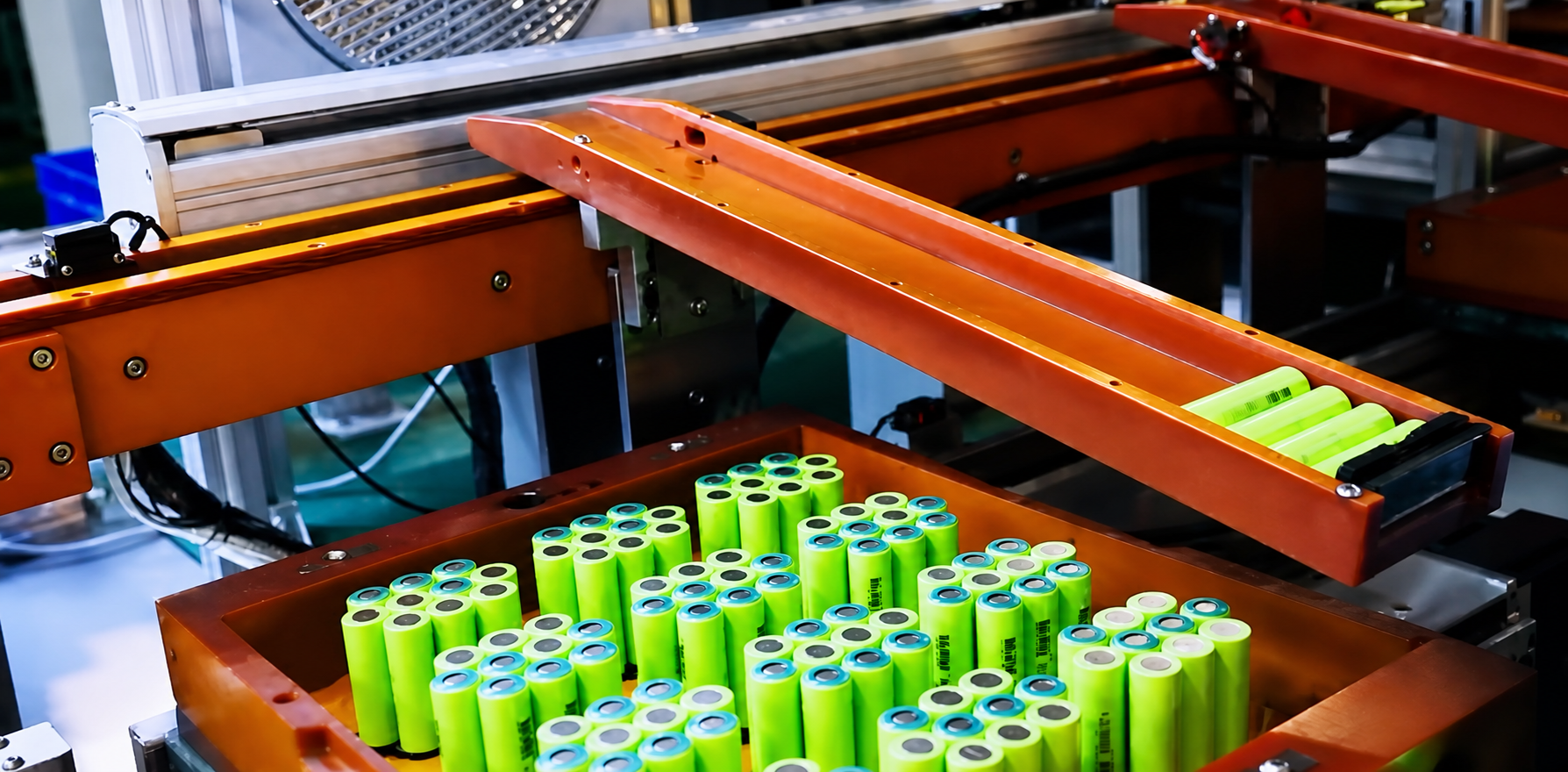 Cylindrical lithium battery cells on production equipment
